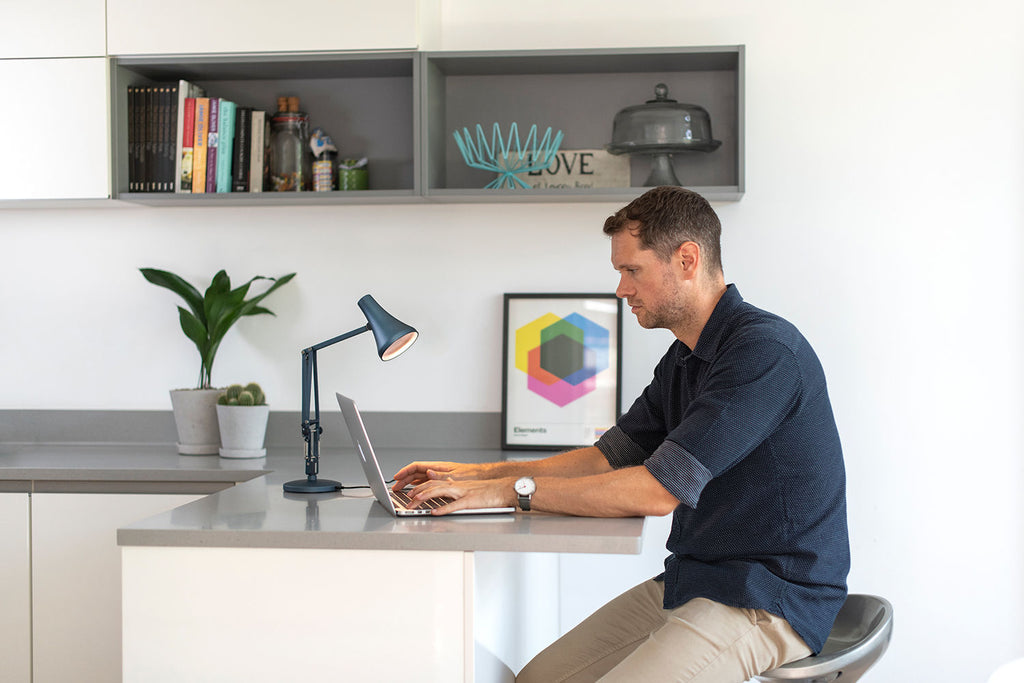 Countertop workspace set-up with Anglepoise 90 Mini Mini Desk Lamp in Steel Blue